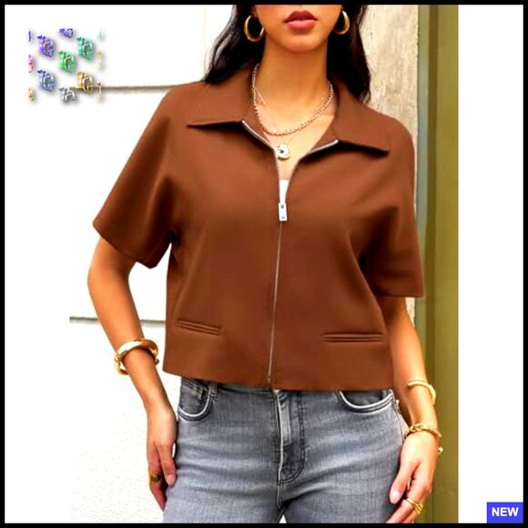 Cropped Zip-Up Vest Top Loose Fit Casual Chic Summer Blouse Trendy - Picture 3 of 6